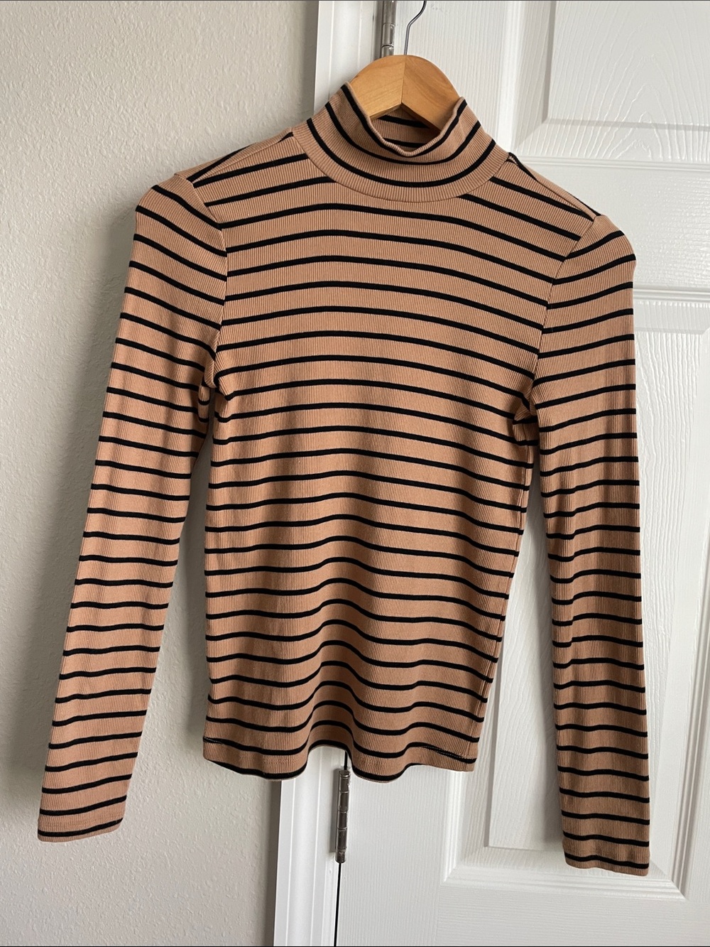 LOFT Tan and Black Striped Mock Neck Long Sleeve Top